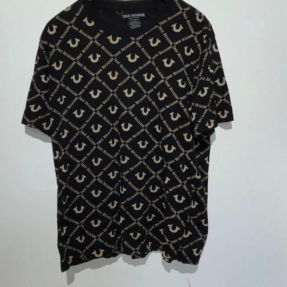 True Religion Mens Black Cream Monogram Crew Neck Cotton Short Sleeve T-Shirt XL